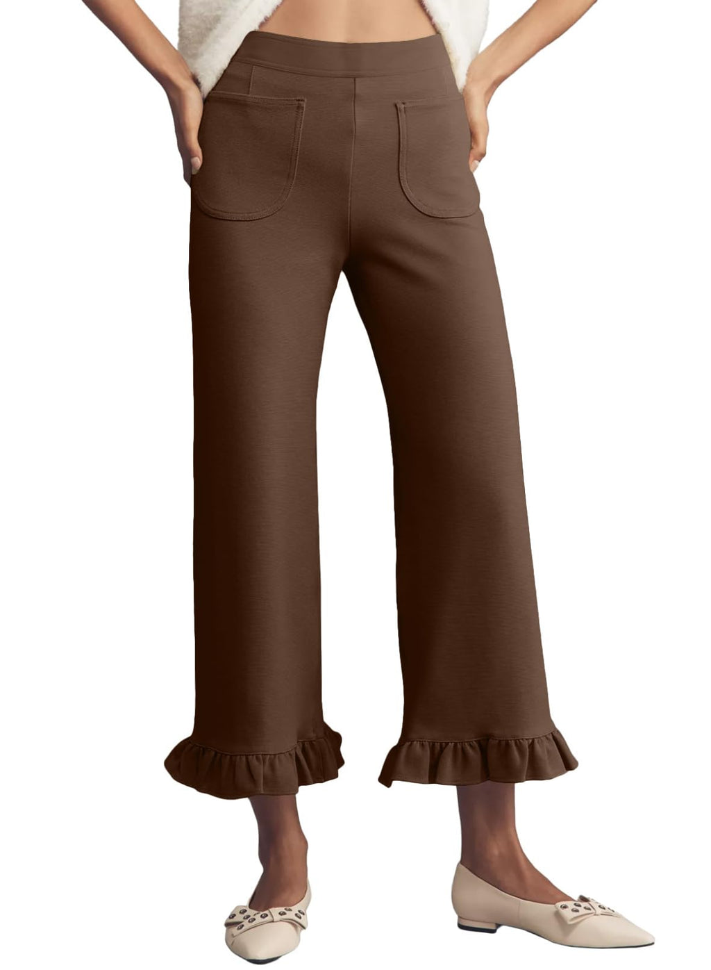 Acelitt Women's Gingham Pants Summer Casual Elastic Waist Straight Leg Ruffle Hem Stretchy Cropped Trousers with Pockets 2026 Fashion Clothes Beach Vacation Outfits Brown Large