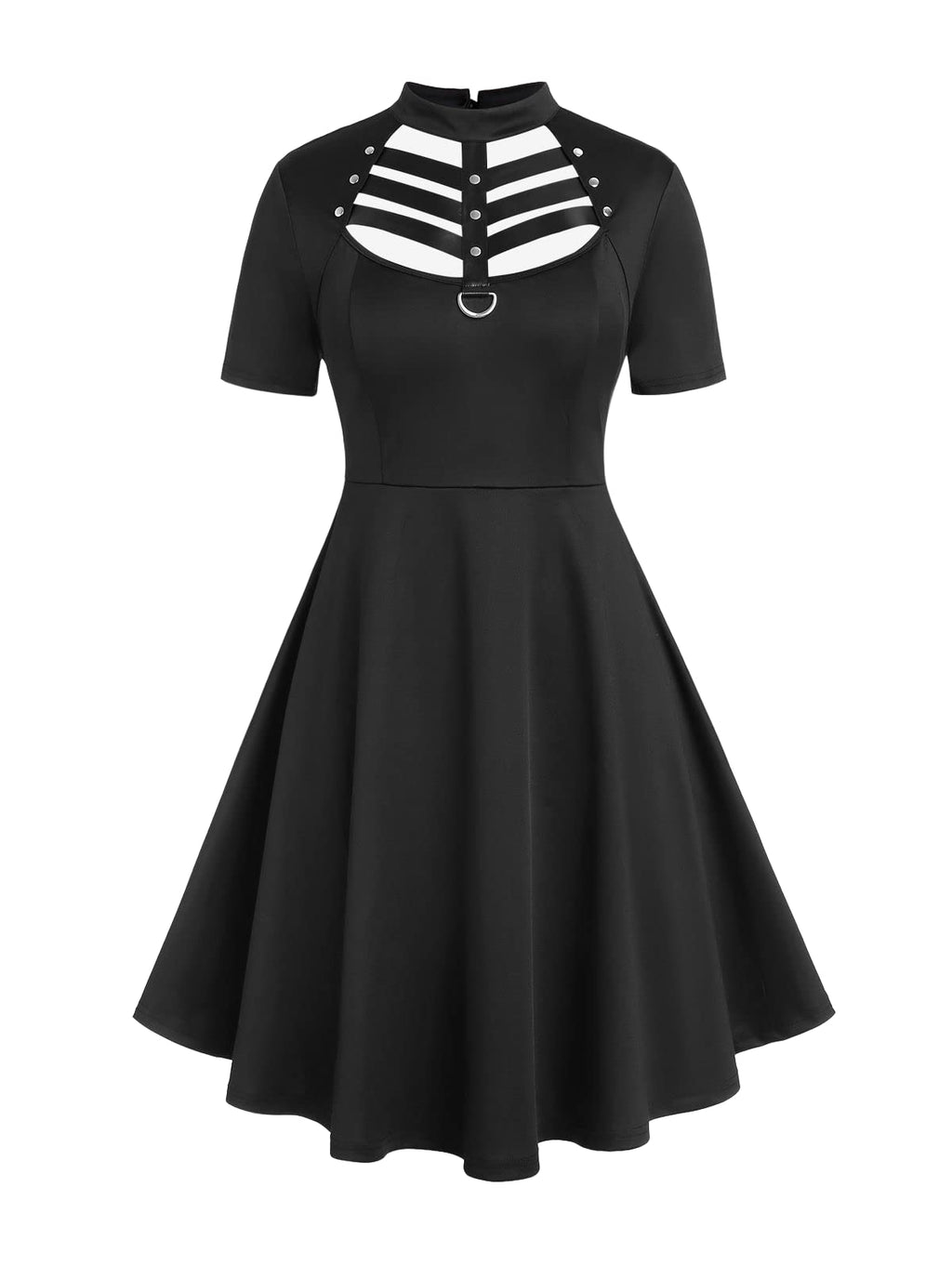 ROSE GAL Gothic D-Ring PU Leather Panel Ladder Cutout Dress（Black-214/2X）