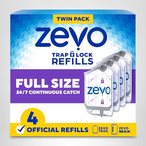 Zevo Flying Insect Trap Official Refill Cartridges - Fits Both Zevo Trap & MAX Indoor Fly Trap - Authentic Trap+Lock Technology to Catch Gnats, House & Fruit Flies (4 Official Refill Cartridges)
