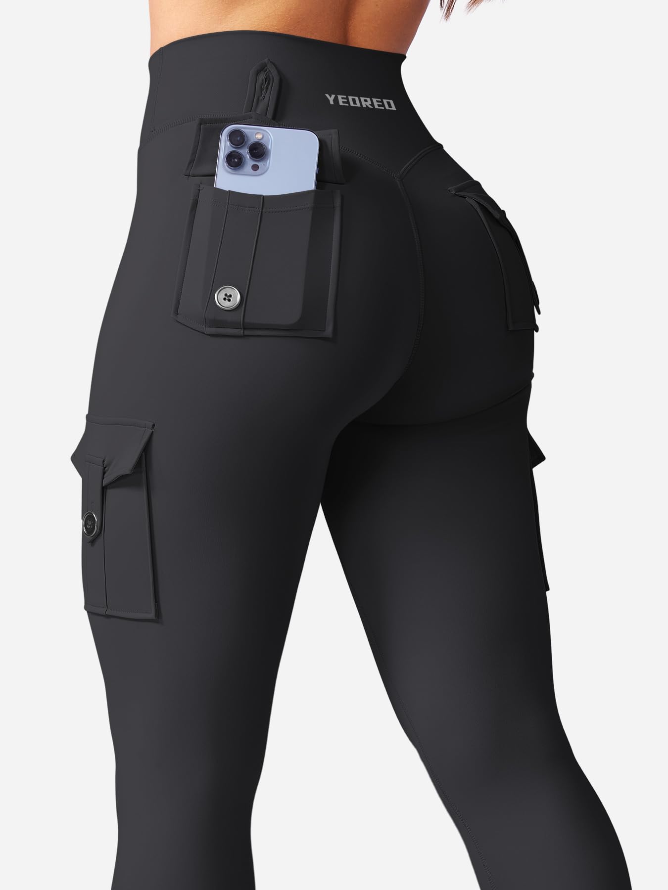 YEOREO CoreFlex Workout Cargo Leggings with Pockets for Women Hidden Scrunch Butt Lifting Leggings Gym Yoga Pants Black M