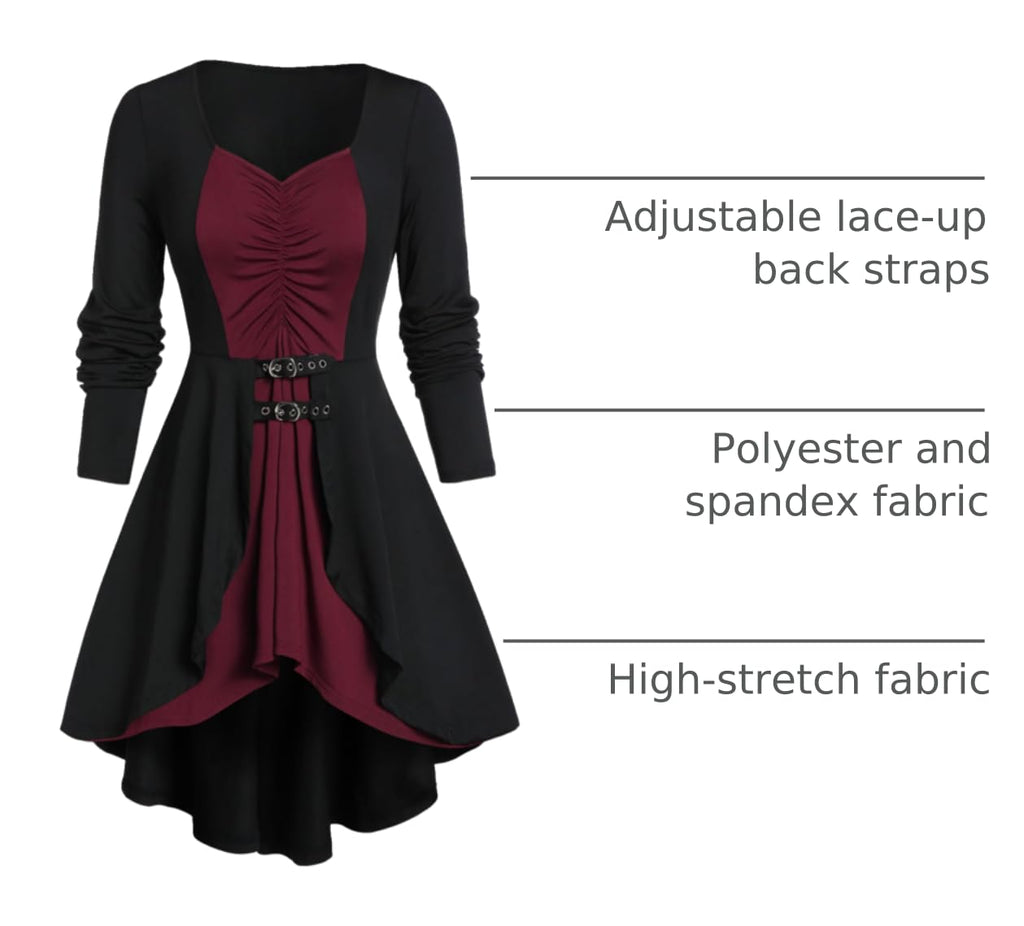 ROSE GAL Womens Plus Size Gothic Lace-up Back Two Tone Ruched Grommets Buckle Long Sleeve High Low Hem Tunic T-Shirt(Red_1/1X)
