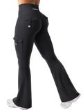 YEOREO CoreFlex Women Workout Flare Leggings with Pockets Hidden Scrunch High Waisted Cargo Gym Yoga Leggings Black L