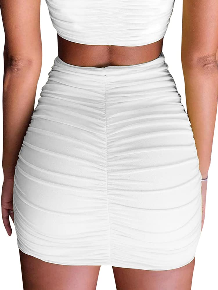 eoeoo Women's Stretch High Waist Ruched Bodycon Double Layer Casual Mini Skirt White Medium
