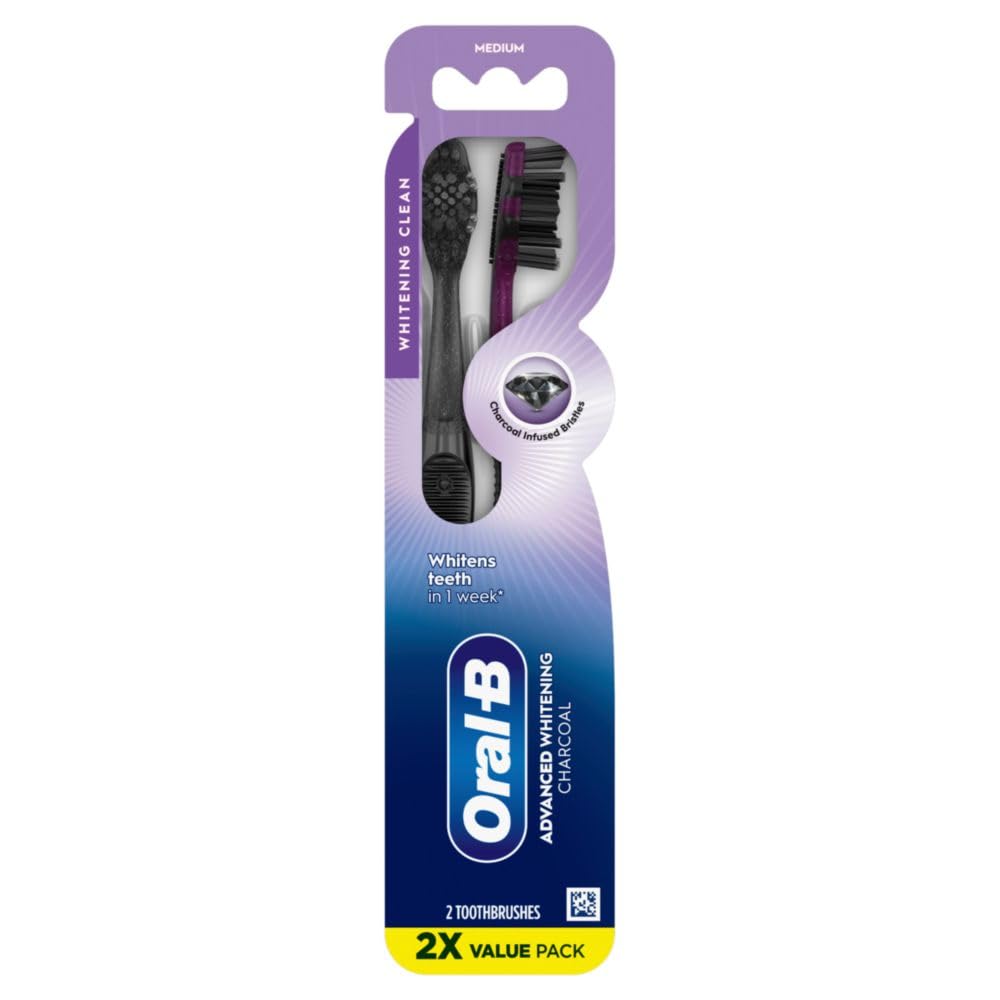 Oral-B 3D White Charcoal toothbrush, 2 count MEDIUM manual tootbrush pack, Whitens teeth, removes plaque and stains, tongue scraper tooth brush