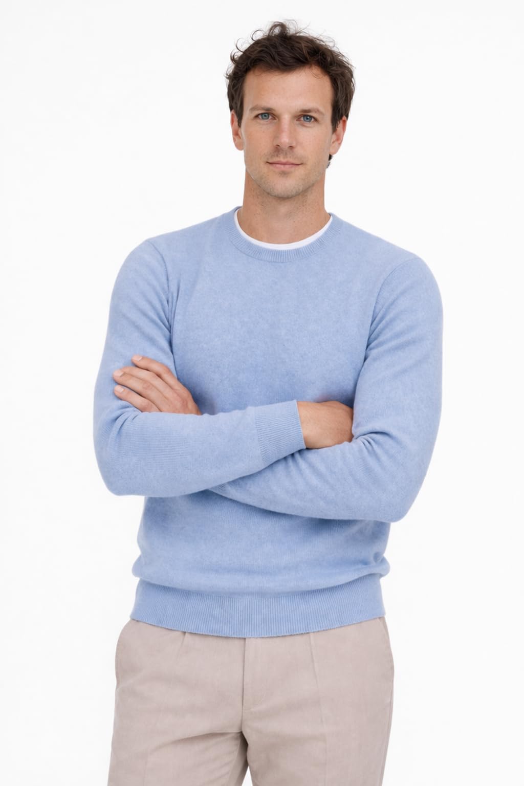State Cashmere Men's Essential Crewneck Sweater 100% Pure Cashmere Classic Long Sleeve Pullover (Bella Blue, Large)