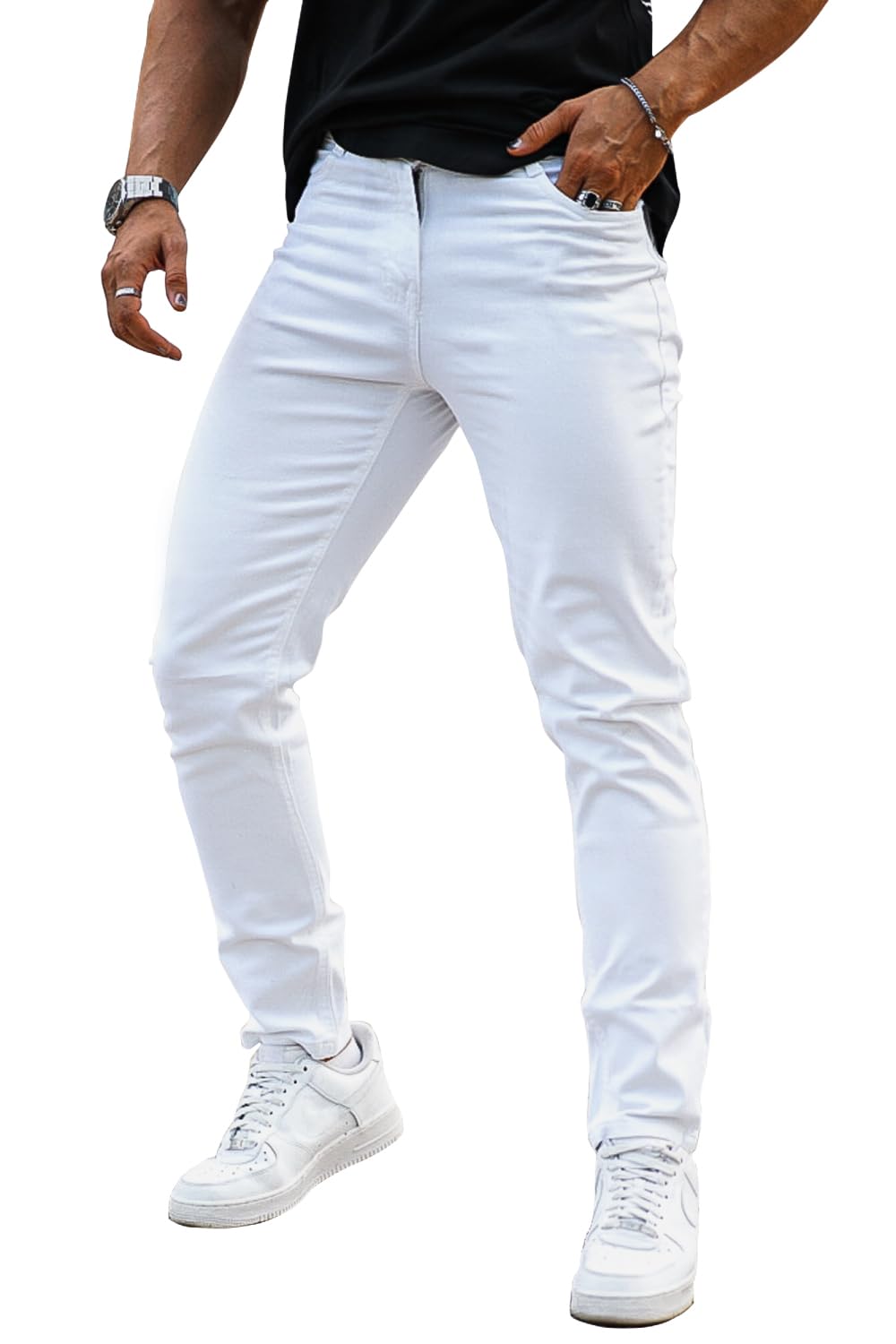 Heyfanee Men's Jeans Slim Fit White Stretch Jean Pants for Men Slim Leg 32W 30L