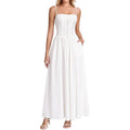VKIHOC Women Floral Corset Maxi Dress Spaghetti Strap Lace Up Flowy A Line Wedding Guest Long Dress with Pockets White