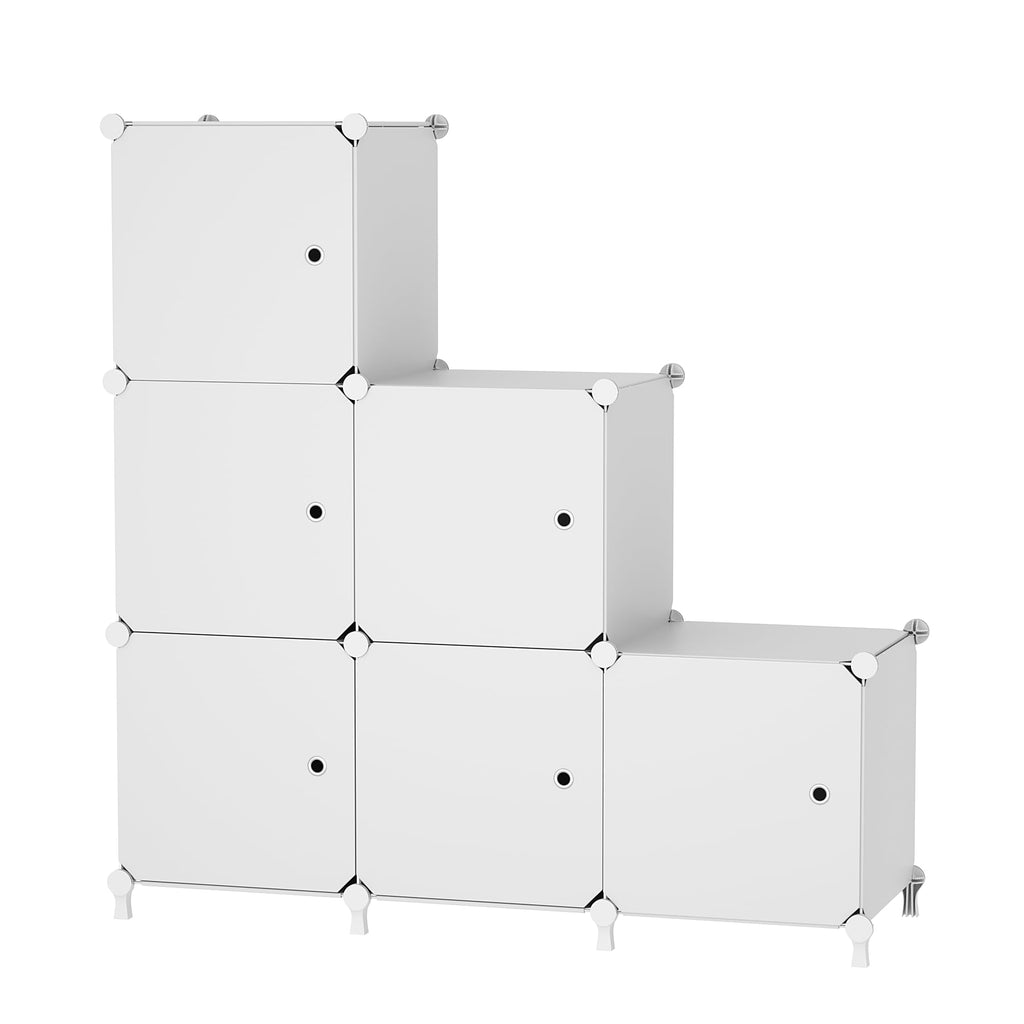 ATTDETJL Cube Storage Organizer, 6-Cube Shelves Unit with Doors, DIY Stackable Plastic Clothes Organizer for Bedroom and Under Stairs Storage Unit, Each Compartment 30 x 30 x 30 cm White ATTSL6002