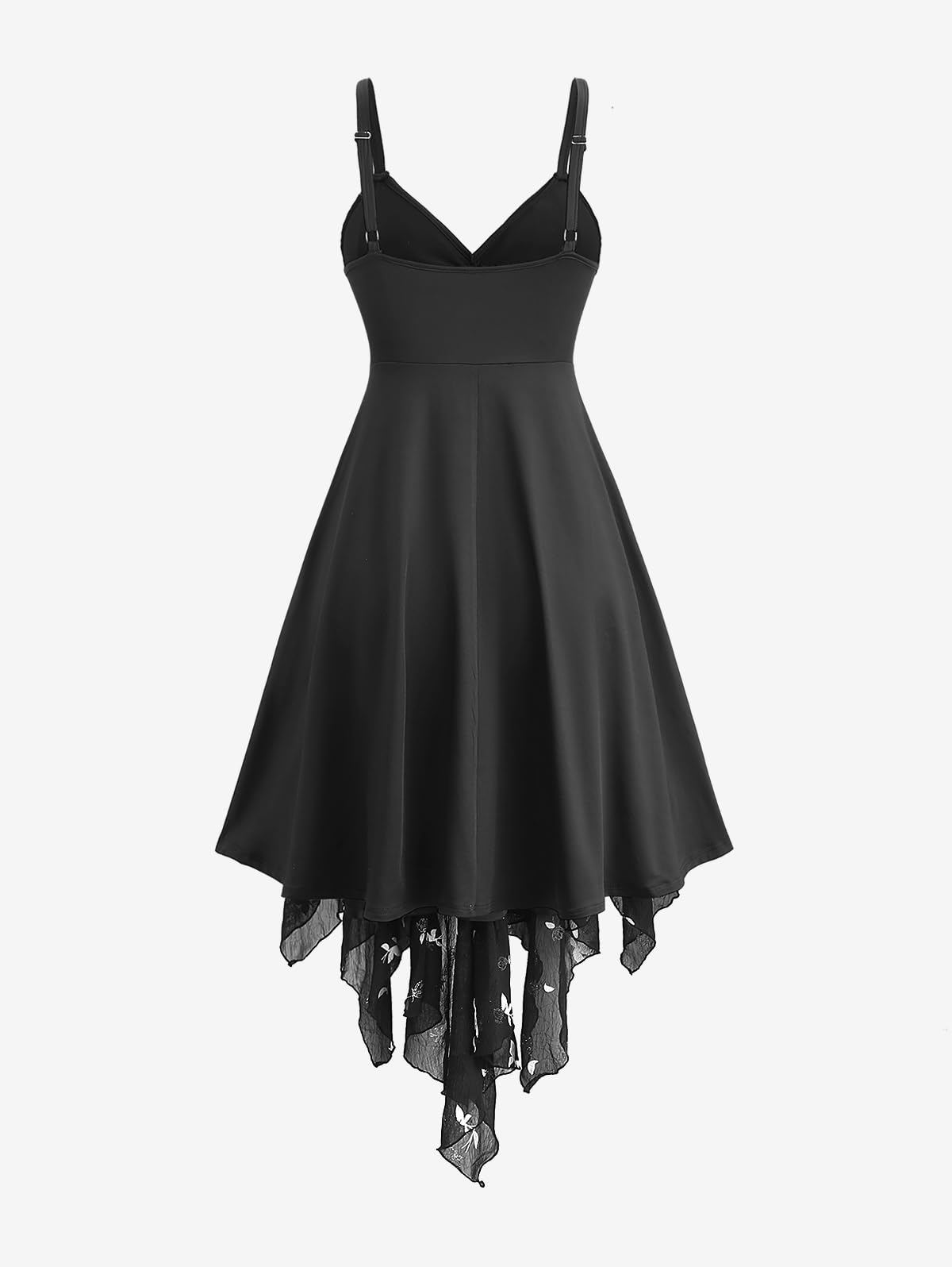 ROSE GAL Women Plus Size Gilding Florals Butterfly Print Twist Empire Waist Handkerchief Hem Backless Midi Cami Flowy Dress(Black/2X)