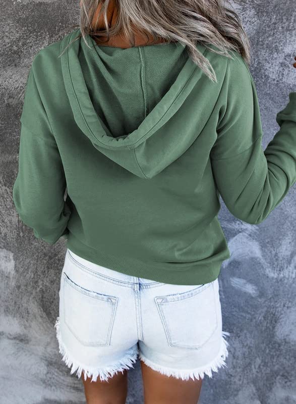 Dokotoo Hoodies for Women Drawstring V Neck Long Sleeve Front Button Collar Hooded Pullover Hoodie with Pockets Christmas Sweatshirt Loose Fit Casual Ladies Shirt Tops Winter Clothing Green Medium