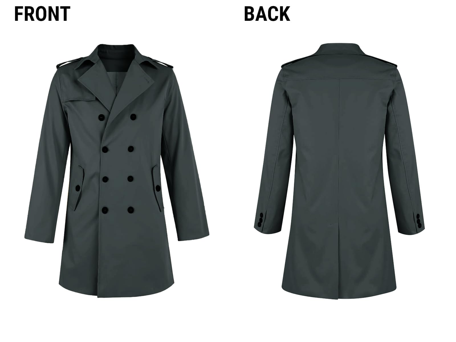 PASLTER Mens Trench Coat Notched Lapel Double Breasted Long Jacket Windbreaker Overcoat Pea Coat