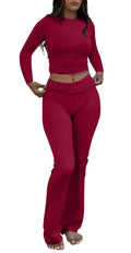 AYWA Women's 2 Piece Outfits Foldover Flare Pants Long Sleeve Crew Neck T-shirt Fitted Pajama Sets (Bric, Medium)