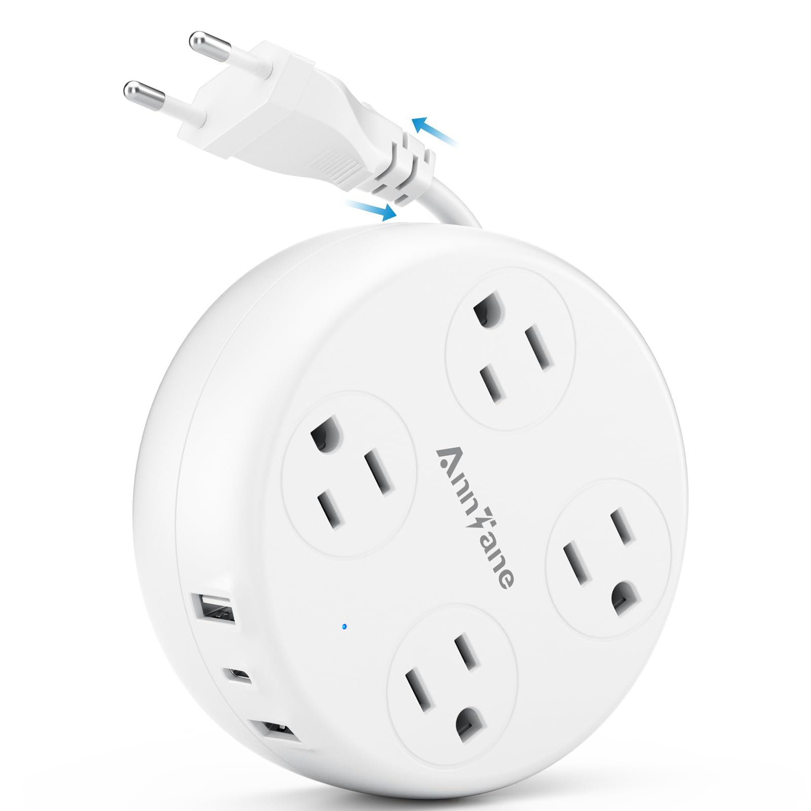 European Travel Plug Adapter - Retractable Power Strip with 4 AC Outlets & 3 USB Ports (USB-C), Type C Adapter for US to Most of Europe Iceland Spain Italy France Germany and More (White)