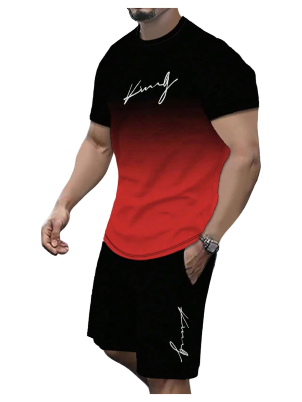 WDIRARA Men's 2 Piece Short Sets Graphic Print Short Sleeve T Shirts and Drawstring Shorts Clothing Set Black and Red X-Large