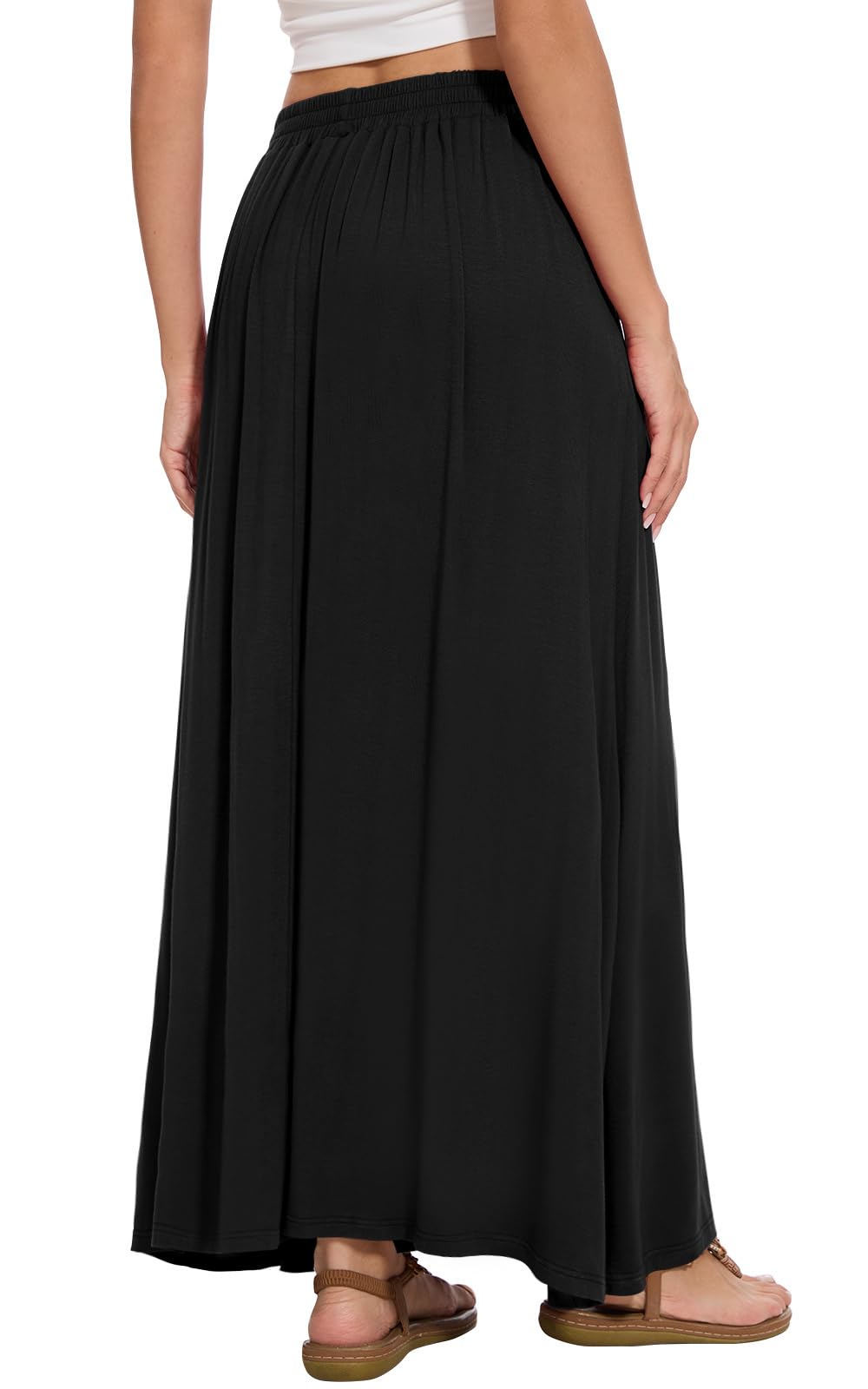 Leafsay Womens Maxi A-line Long Summer Skirt Elastic High Waist Flowy Skirt with Pockets(Black,XL)