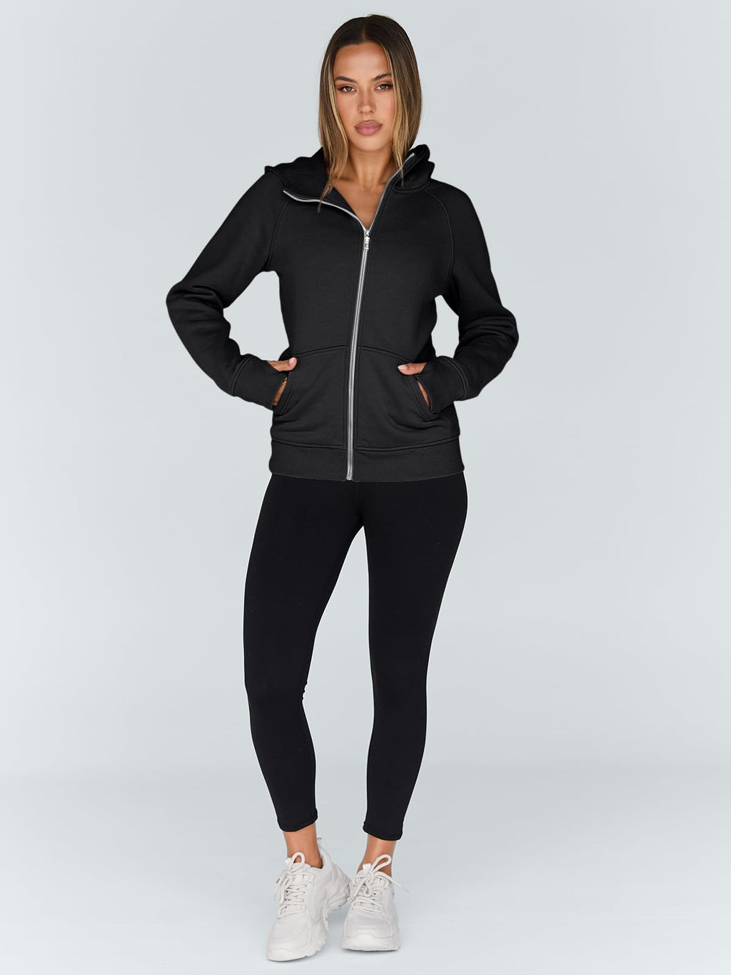 Trendy Queen Women's Full Zip Up Hoodie - Fitted Long Sleeve Sweatshirts for Fall and Winter Black M