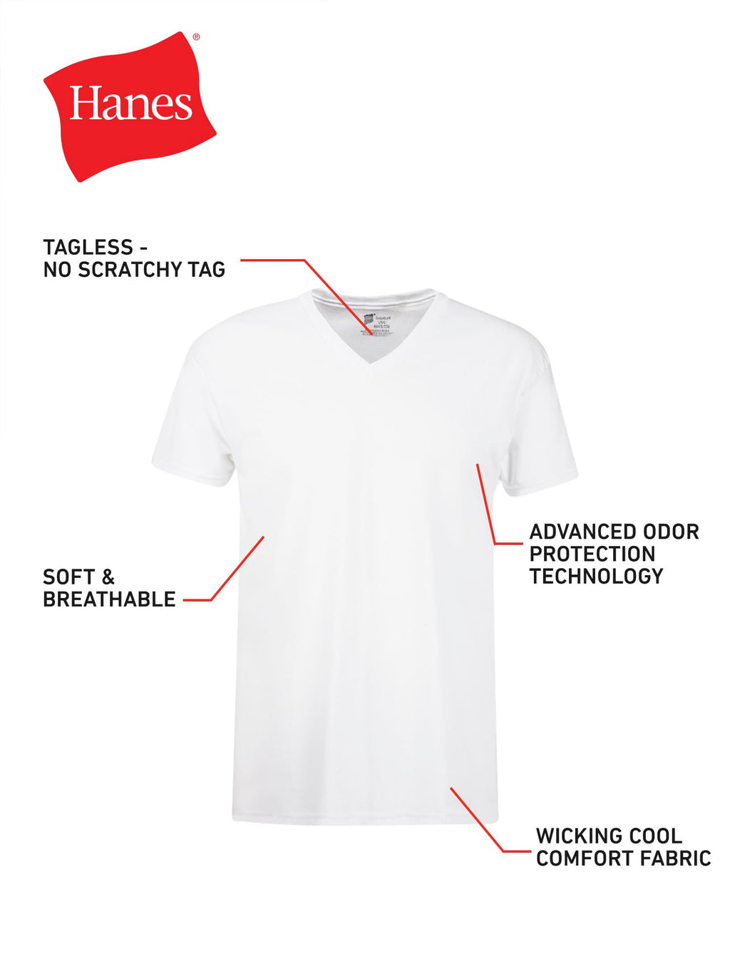 Hanes Mens Cotton, Moisture-wicking V-neck Tee Undershirts, Multiple Packs And Colors, White, Large US