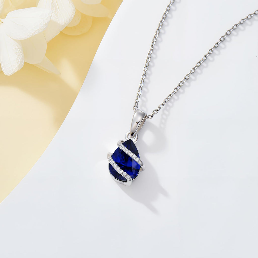 FYBIOD Pear Shaped Created Sapphire and Diamond Pendant Necklace for Women 925 Sterling Silver 2 Carat Teardrop Sapphire Necklace Birthday Gift for Her Mom