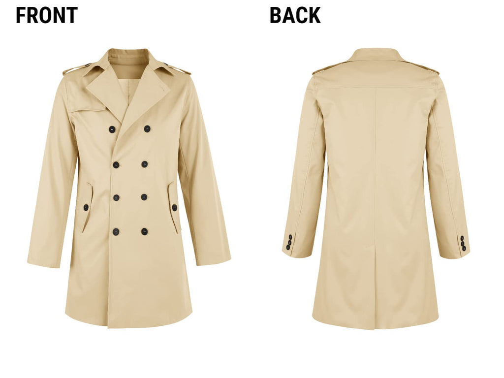 PASLTER Mens Trench Coat Notched Lapel Double Breasted Long Jacket Windbreaker Overcoat Pea Coat
