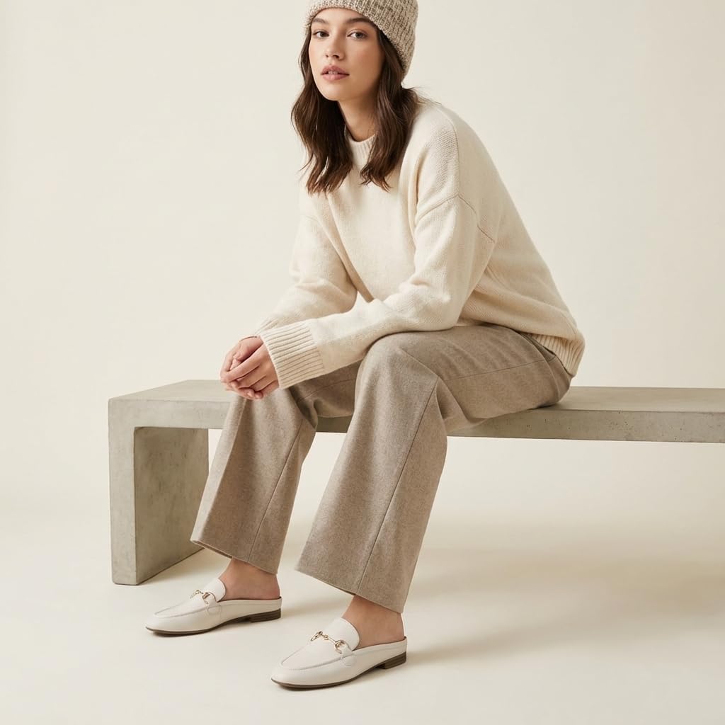 CUSHIONAIRE Yummy Slip On Womens Mules, Business Casual Loafers for Women with Low Heel and Metal Chain Detail, Bone 9