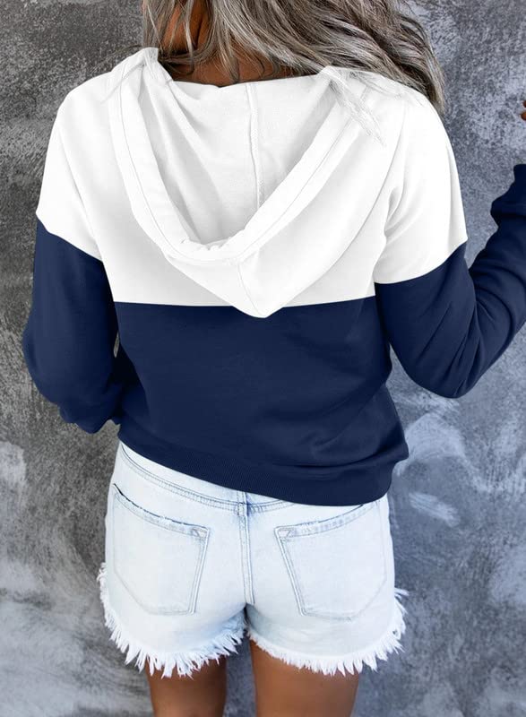 Dokotoo Womens Sweatshirt Ladies Fall Tops Fashion Hoodies Sweatshirts for Women Long Sleeve Hooded Pullover with Pockets Button Collar Fleece Casual Color Block Winter Shirts Tops Blue White S