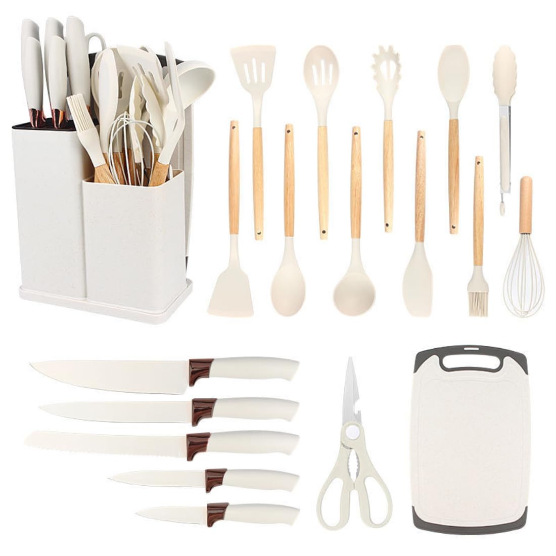 Henlutuo 19-Piece Silicone Kitchen Utensil Set with Stainless Steel Knives & wood Handles | Non-Scratch, Heat-Resistant | Includes Storage Holder (WHITE)