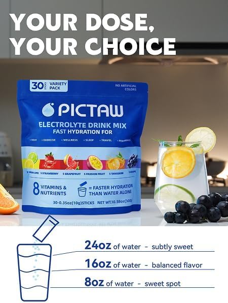 PICTAW Electrolytes Powder Packets - Hydration Packets, Liquid Daily IV Hydrate Packet for Dehydration Relief and Rehydration Portable, Electrolyte Drink Mix Vegan/Non-GMO (Lemon Lime 30 Pack)