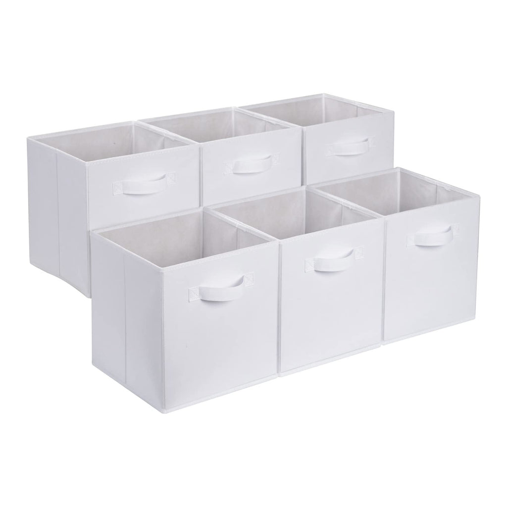 Amazon Basics Collapsible Fabric Storage Cubes Organizer with Handles, Sturdy, White, 10.5-x-10.5-x-11-inch, Pack of 6