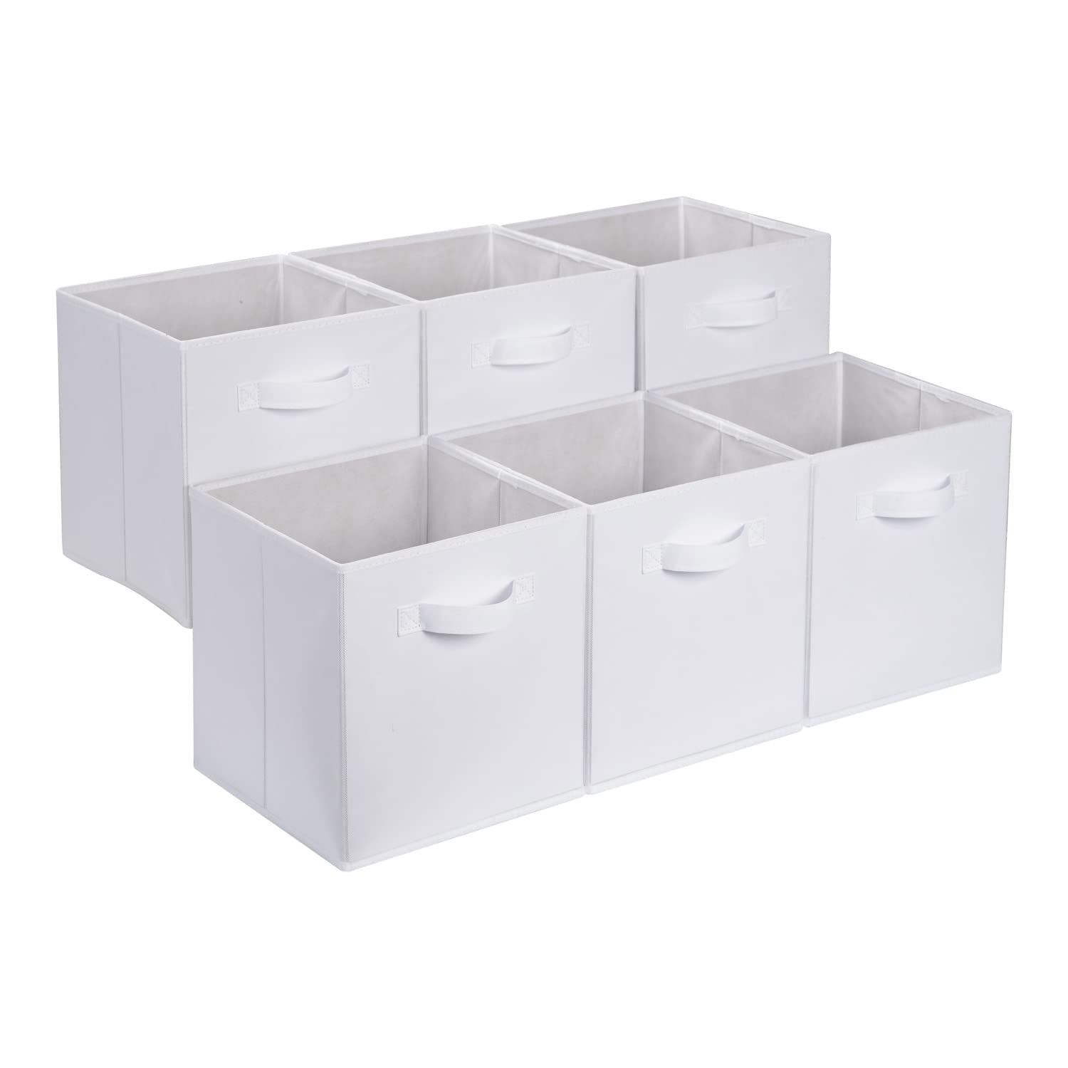 Amazon Basics Collapsible Fabric Storage Cubes Organizer with Handles, Sturdy, White, 10.5-x-10.5-x-11-inch, Pack of 6