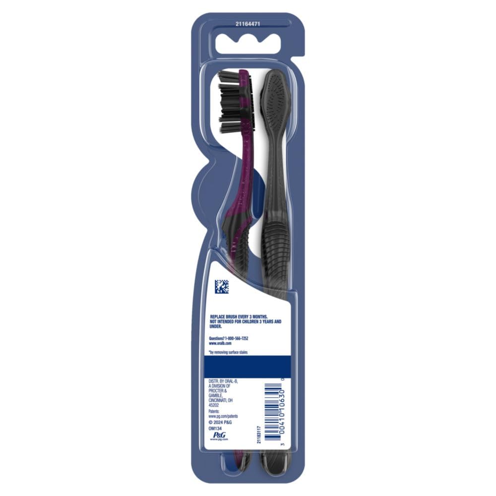 Oral-B 3D White Charcoal toothbrush, 2 count MEDIUM manual tootbrush pack, Whitens teeth, removes plaque and stains, tongue scraper tooth brush