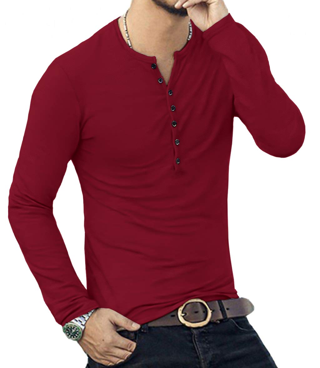 YTD Mens Casual Slim Fit Basic Henley Long Sleeve Fashion T-Shirt XXL Wine Red