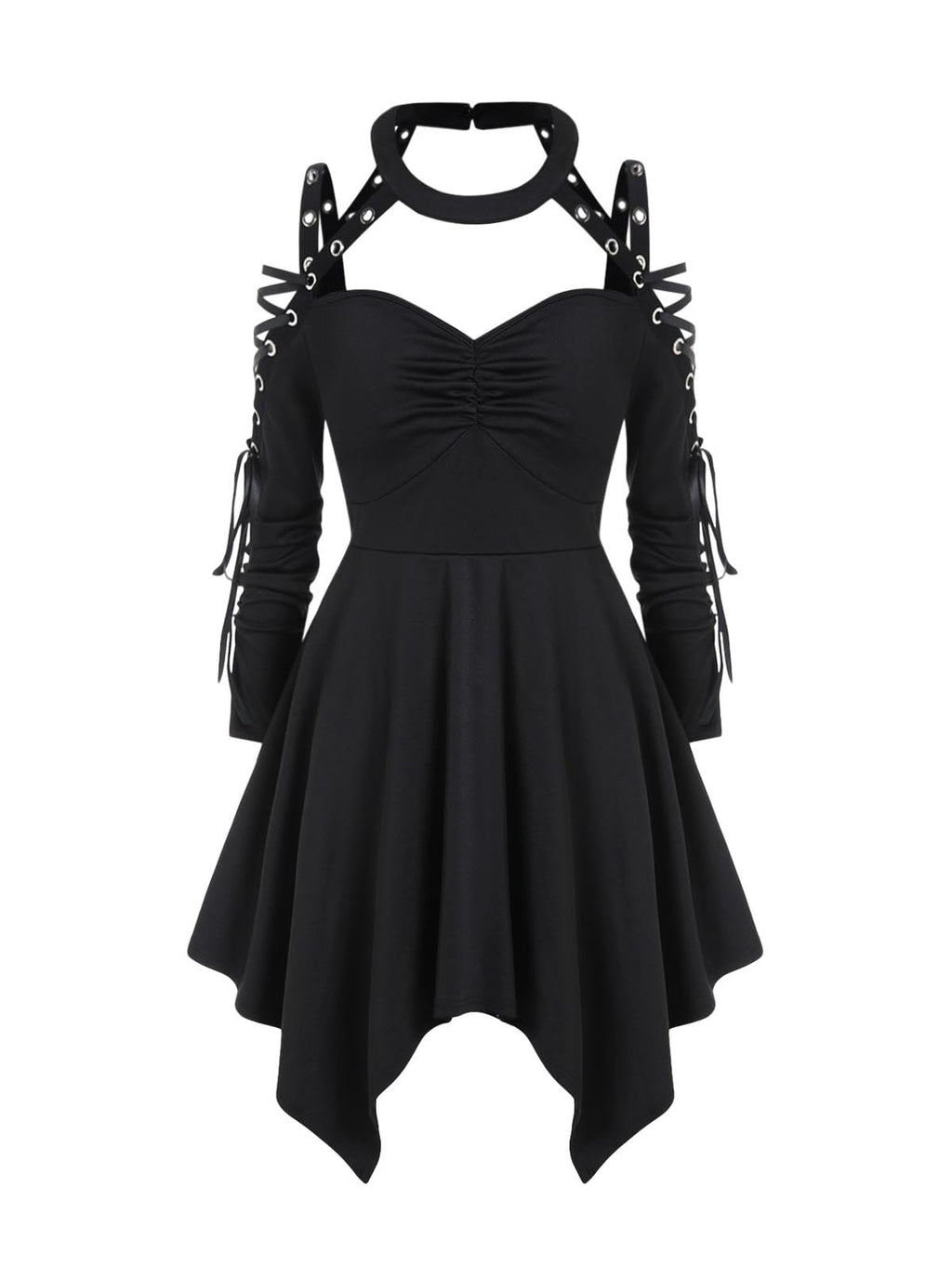 ROSE GAL Womens Plus Size Gothic Choker Lace-up Grommets Cutout Handkerchief Hem Cold Shoulder Long Sleeve Tunic Top(Black_3/4X)