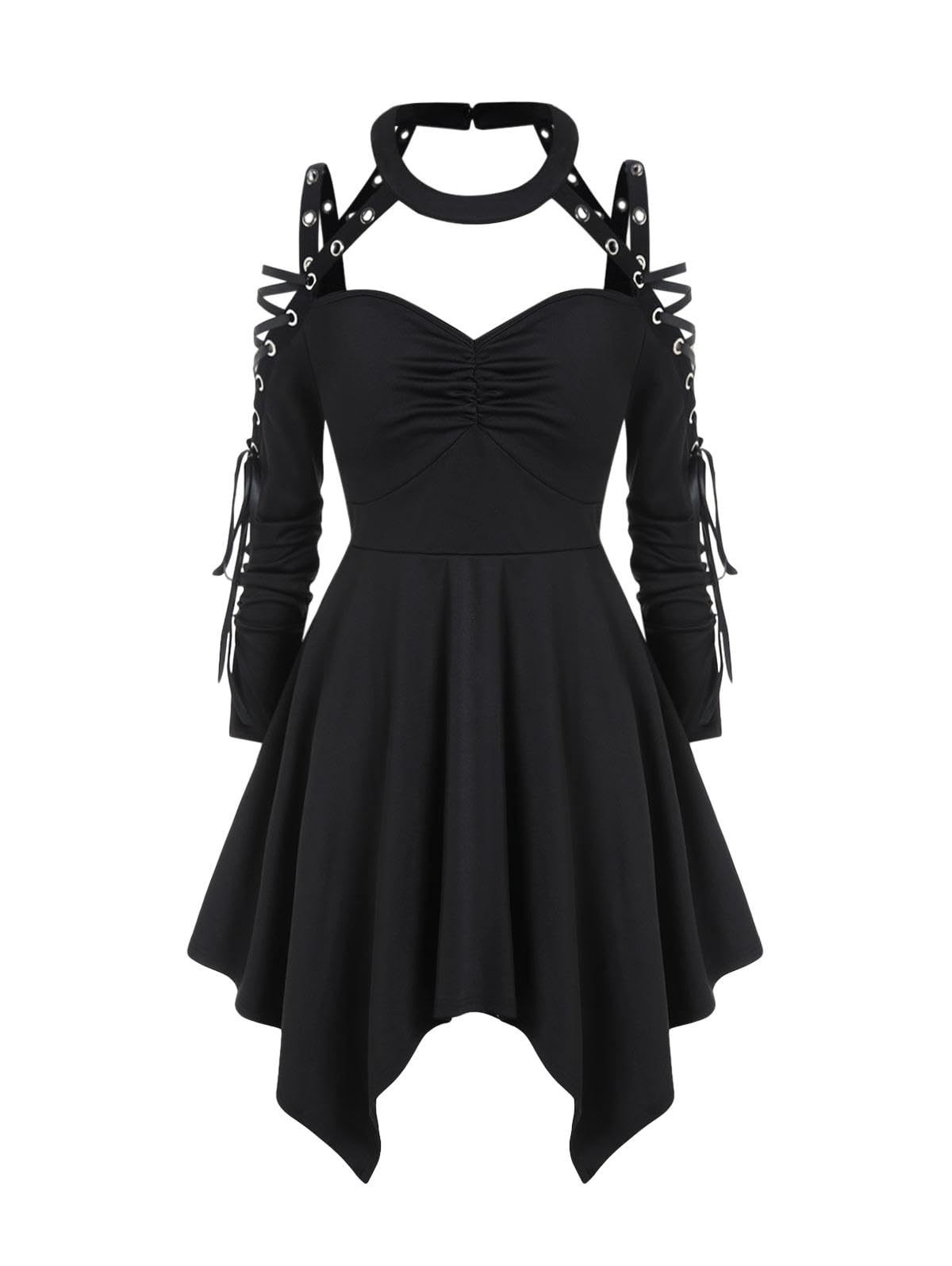 ROSE GAL Womens Plus Size Gothic Choker Lace-up Grommets Cutout Handkerchief Hem Cold Shoulder Long Sleeve Tunic Top(Black_3/4X)