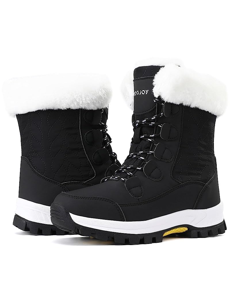 COOJOY Womens Winter Snow Boots Waterproof Shoes Walking Comfortable Hiking Booties Furry Mid Calf Warm Lightweight Black,US8 EU40