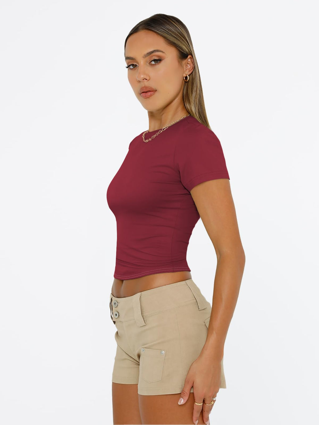 Trendy Queen Womens Short Sleeve T Shirts - Buttery Soft Summer Crop Tops Slim Fit Y2k Basic Tees for Workout Burgundy M
