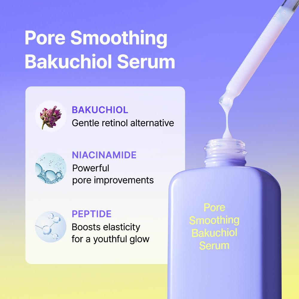 By Wishtrend Pore Smoothing Bakuchiol Serum 1.01 Fl Oz, Pore Minimizer Enhanced with Bakuchiol & Niacinamide, Peptide, Increase production of Collagen Fiber, for saggy & enlarged pores