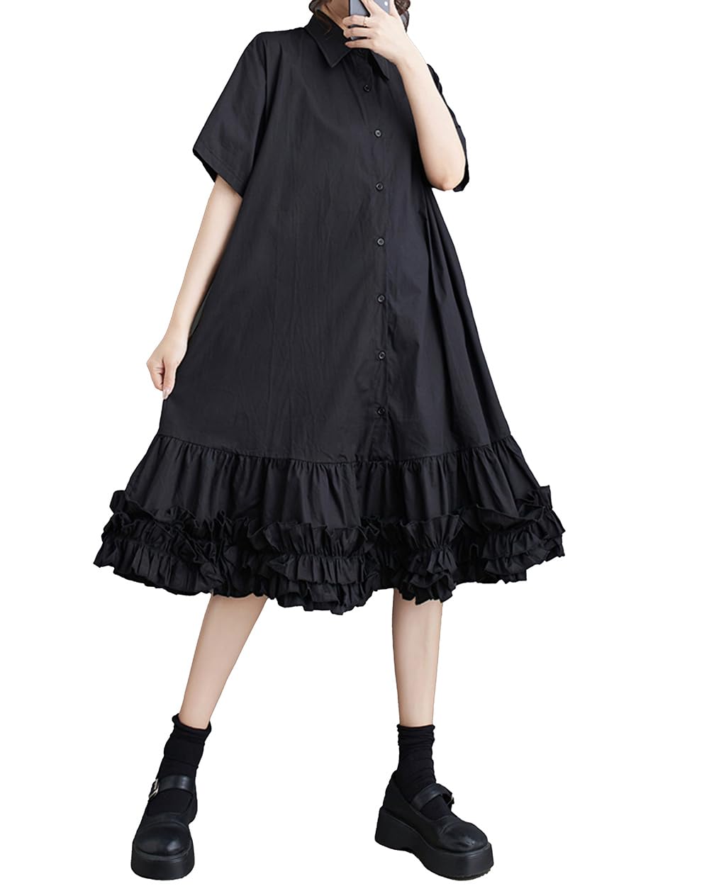 ellazhu Women's Shirt Dress Button Down Lapel Short Sleeve Ruffle Hem Oversize Loose Casual Solid GZ183 Black