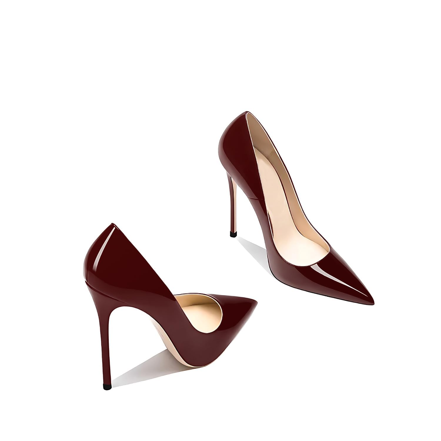 Qunvngutui Women's Pointed Toe Shallow Stiletto Heels 4.7 Inch Pumps Wedding Party Banquet Shoes Wine Red Patent Leather US5
