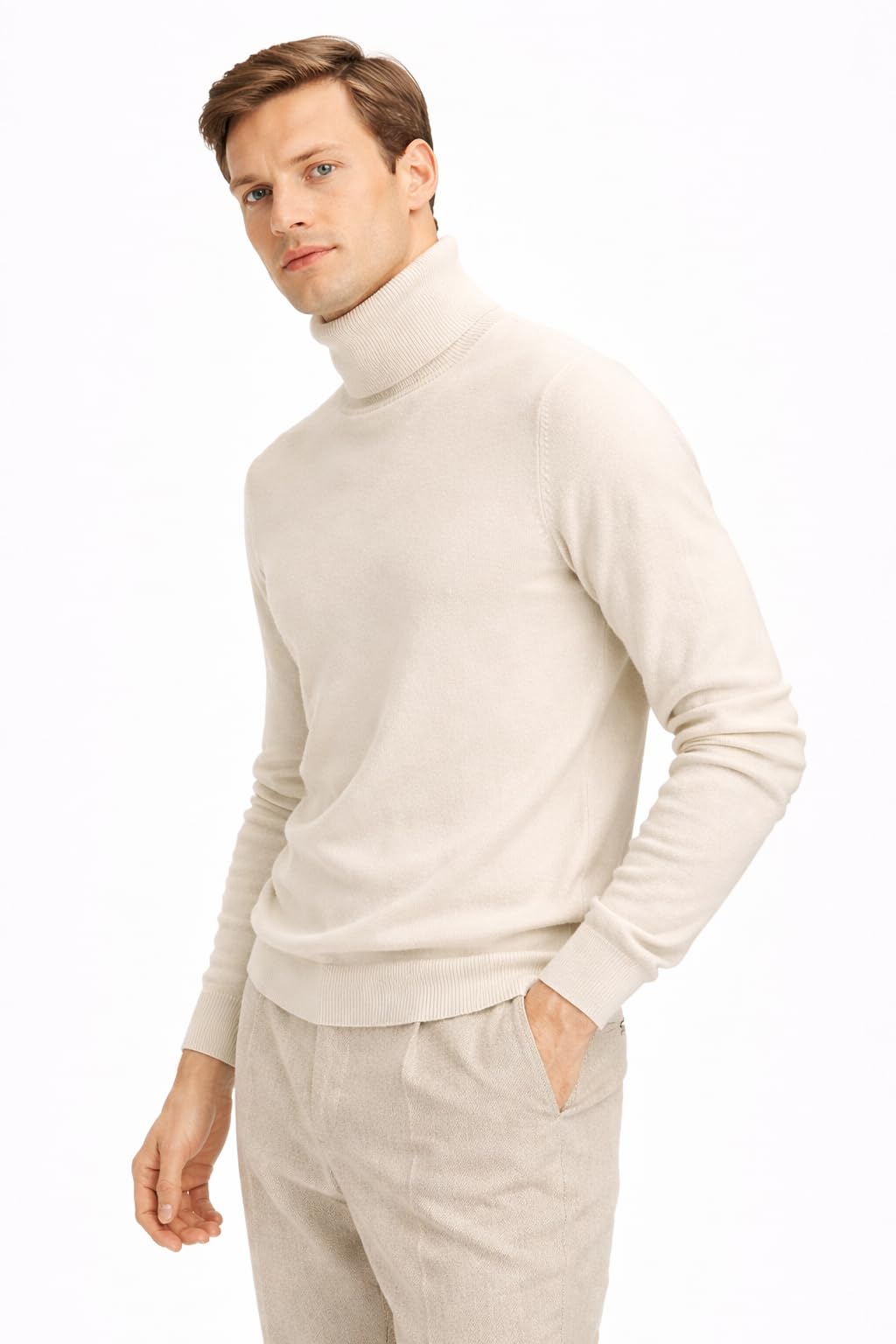 State Cashmere Men's Essential Turtleneck Sweater 100% Pure Cashmere Classic Long Sleeve Pullover (Undyed White, Large)