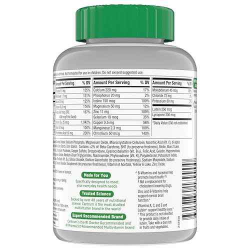 Centrum Silver Multivitamin for Adults 50 Plus, Multivitamin/Multimineral Supplement, Vitamin D3, B Vitamins, Gluten Free, Non-GMO Ingredients, Supports Memory and Cognition in Older Adults - 220 Ct