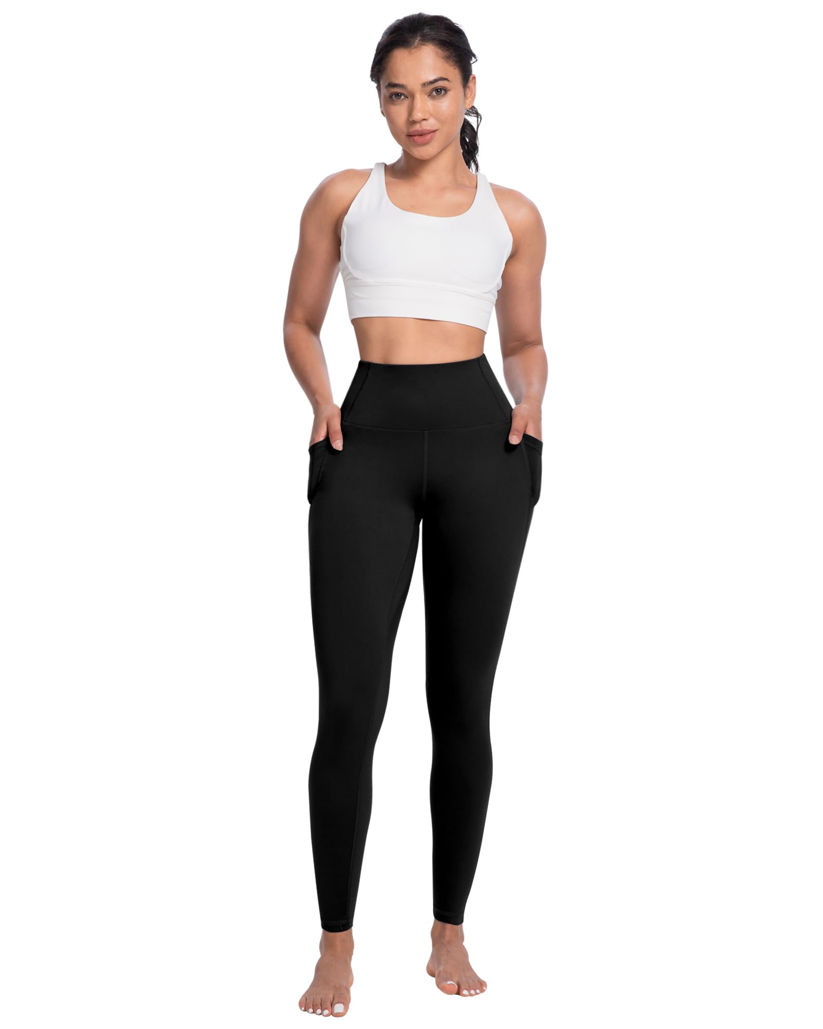 4 Packs Yoga Leggings with Pockets for Women, Soft High Waisted Tummy Control Workout Pants(Black/Dark Gray/Burgundy/Navy,M)