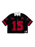 GORGLITTER Men's Button Up Cropped Shirt Oversized Collared Y2K Graphic Rave Boxy Cool Jersey Crop Tee Tops Streetwear Black and Red Small