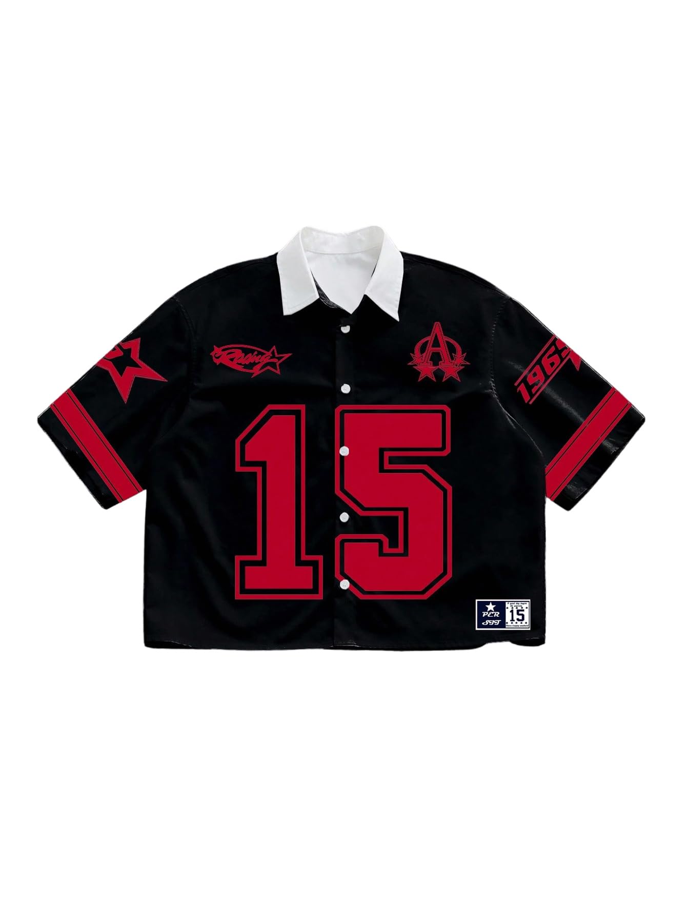 GORGLITTER Men's Button Up Cropped Shirt Oversized Collared Y2K Graphic Rave Boxy Cool Jersey Crop Tee Tops Streetwear Black and Red Small