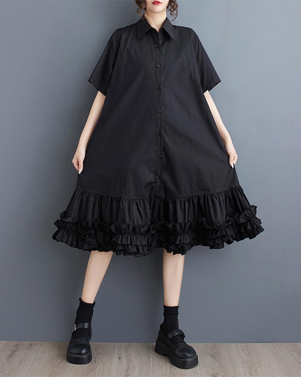 ellazhu Women's Shirt Dress Button Down Lapel Short Sleeve Ruffle Hem Oversize Loose Casual Solid GZ183 Black
