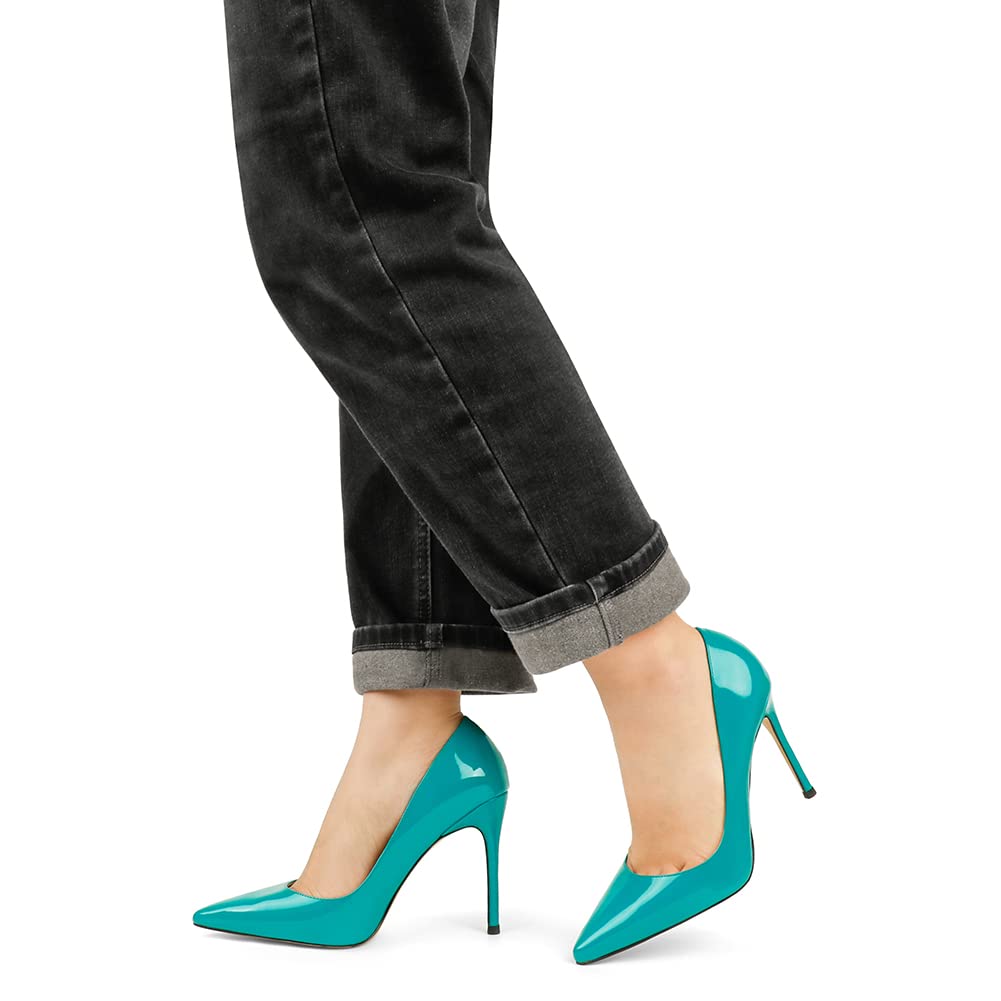 COLETER Women's 4 Inch Pumps Pointy Toe Wedding Dress Shoes Slip on Stiletto Pumps Patent Teal 11US