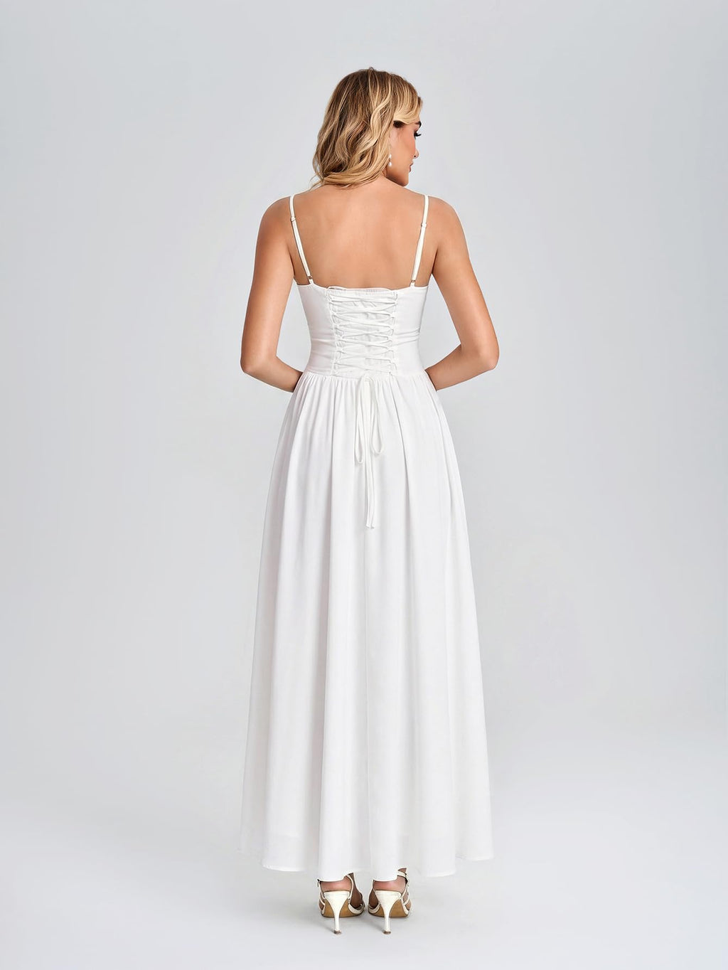 VKIHOC Women Floral Corset Maxi Dress Spaghetti Strap Lace Up Flowy A Line Wedding Guest Long Dress with Pockets White