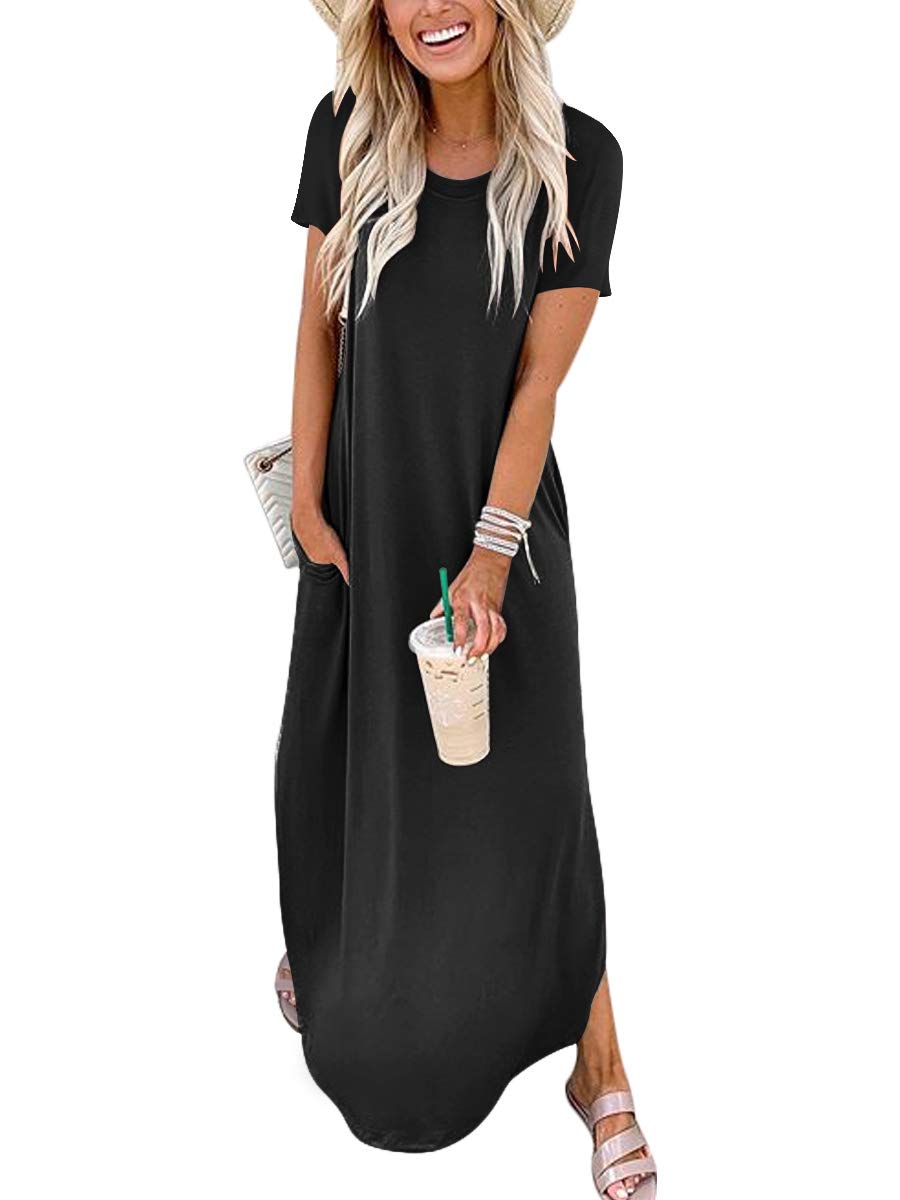 ANRABESS Womens Summer Maxi Dress Short Sleeve Casual Loose Long T Shirt Dresses Split Vacation Beach Sundress Travel Outfits Black X-Large