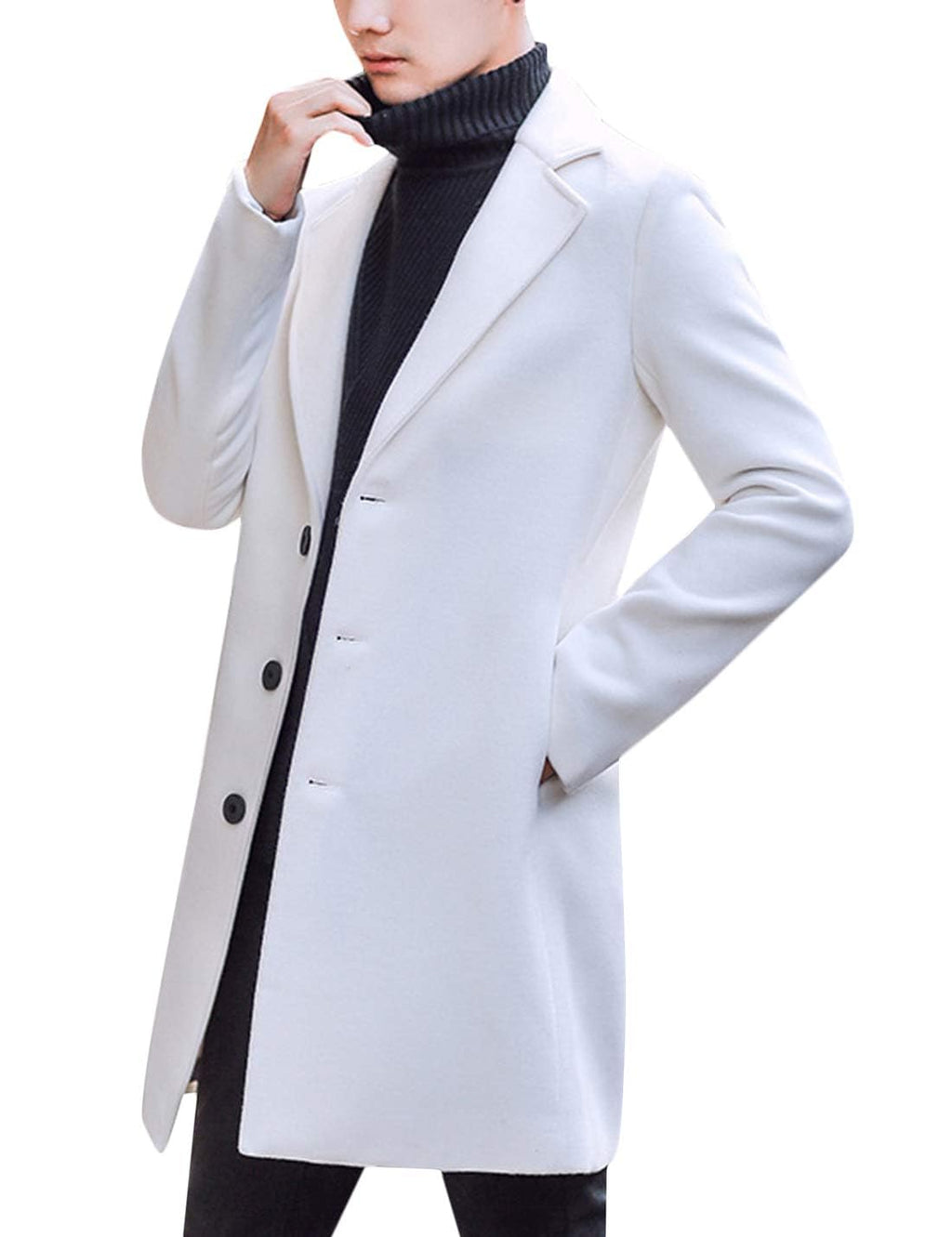 Springrain Men's Wool Blend Pea Coat Notched Collar Single Breasted Overcoat Warm Winter Trench Coat(White-S)