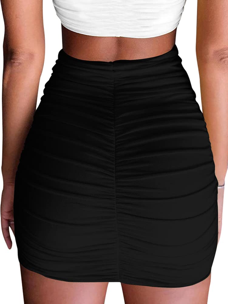eoeoo Women's Stretch High Waist Ruched Bodycon Double Layer Casual Mini Skirt Black Large