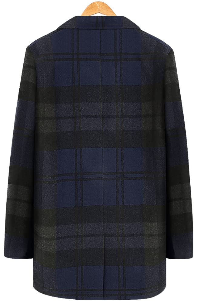 chouyatou Men's Casual Notched Collar Plaid Single Breasted Wool Blend Formal Trench Top Coat (Navy-Plaid, Large)